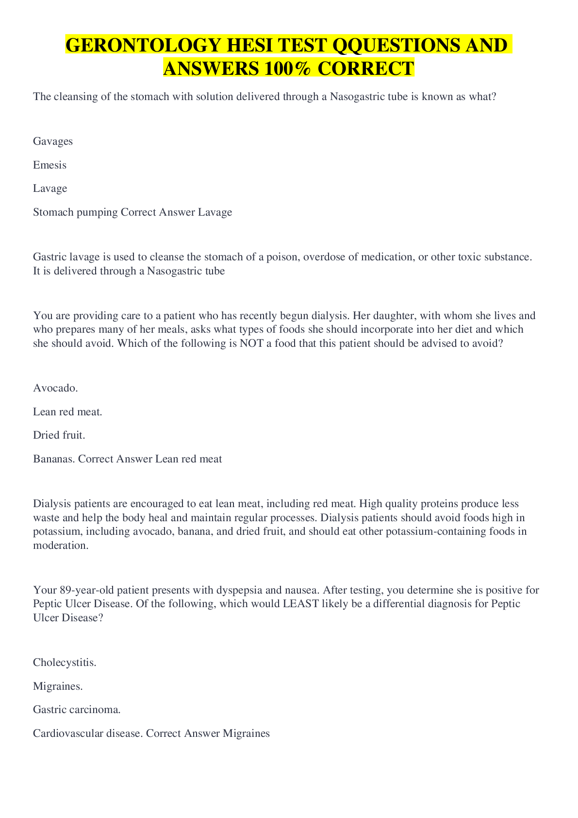 Preview image for GERONTOLOGY HESI TEST QQUESTIONS AND ANSWERS 100% CORRECT